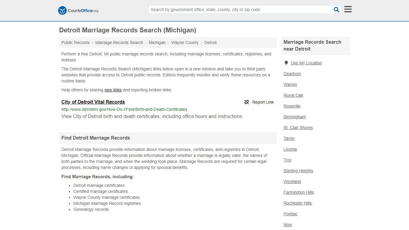 Detroit Marriage Records Search (Michigan) - County Office